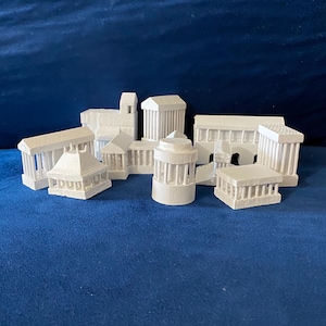 GRECO-ROMAN TEMPLES: Hand painted, carved woodblock ivory houses from Greek & Roman Culture, Tiny Wood architectural models of the Pantheon