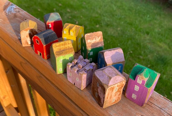Antiqued Wood House Blocks: 19th Century Style Toy Village Aged with Loving Play