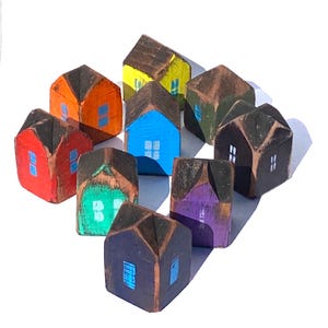 ANTIQUED HOUSE BLOCKS, Primitive Wooden House Blocks with 19th Century Charm, Well loved and played with! Rainbow Village of Colored Homes
