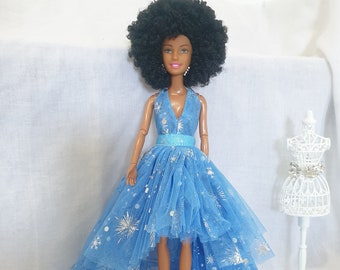 Ropa de muñeca - Whitney azul y plata Barbie vestido de fiesta, vestido de novia, vestido de Barbie