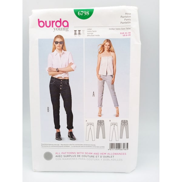 Burda 6798 Misses Slim Fit Pants Sewing Pattern - Size 8 10 12 14 16 18 20 UNCUT