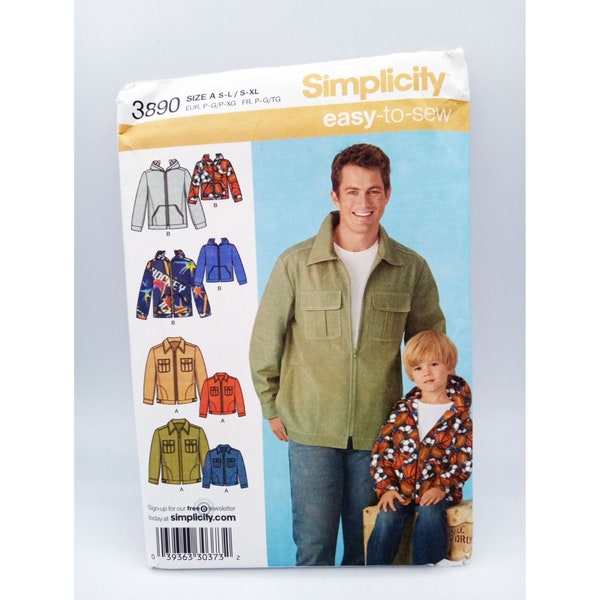 Simplicity 3890 Easy Sew Sewing Pattern Boys Mens Jacket Hooded Sweatshirt Uncut