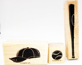 Lot of 3 Baseball Themed Stamps Stampin Up Bat Hat Ball Crafting Supply Sports