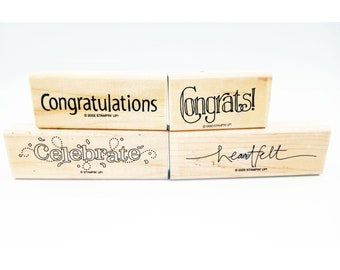 Lot of 4 Rubber Stamps on Wooden Blocks Stampin Up Vintage Congratulations Words