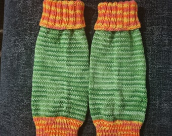 Hand Knitted Leg Warmers Green & Orange Adult Medium