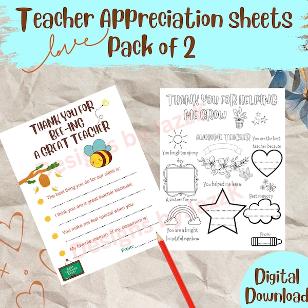 Teacher Appreciation Activity Pack | Instant Download | Printable for Kids | Teacher's Day activity pack | Coloring | Teacher Questionnaire