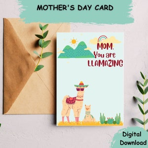 Afdrukbare Moederdagkaart, Happy Mother's Day-kaart, Instant download, Kaart met schattig lama-ontwerp