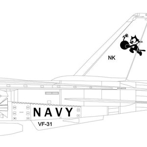 May include: A black and white line drawing of a fighter jet, a Grumman F-14 Tomcat, with the text "105", "NAVY", and "VF-31" on the side. The tail has a black and white illustration of a cat with a bomb.