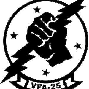 May include: Black and white insignia with a fist holding a lightning bolt, surrounded by five stars. The text "VFA-25" is displayed in a banner below the insignia.