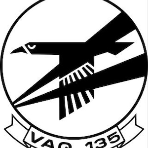 May include: Black and white emblem with a stylized bird in flight, with the text "VAQ 135" in a banner below.