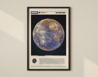 May include: A black and white poster with a colorful image of Mercury, the smallest planet in our solar system. The poster has the title "The Swift Planet" and a description of Mercury's characteristics.