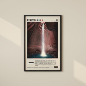 Op de afbeelding: Een poster met een foto van Ruby Falls, een waterval in een grot in Chattanooga, Tennessee. De poster bevat een kaart van Tennessee, de woorden "Ruby Falls" en "USA", en een kleurenpalet van rood, oranje, blauw en grijs.