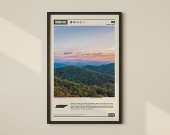 May include: A vintage-style poster featuring a scenic view of a mountain range at sunset. The poster is titled "Tennessee" and includes a map of the state, a color palette, and the text "Volunteer State".