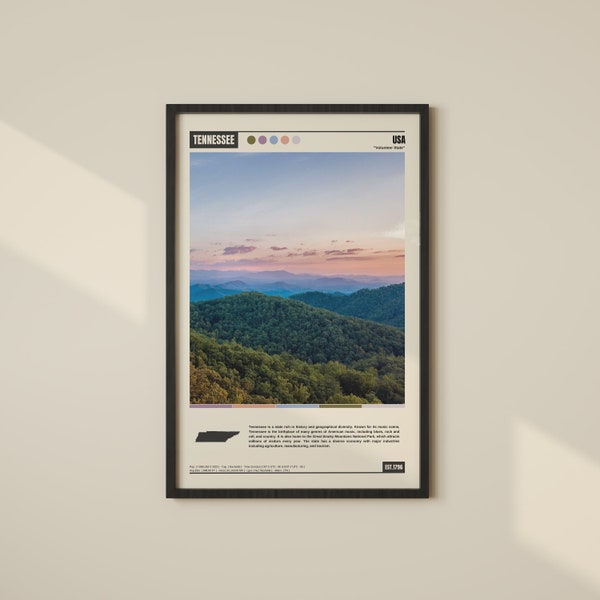 Tennessee-poster | Tennessee-print | Muurkunst Tennessee | Tennessee-decor | Foto van Tennessee | Reizen in Tennessee | Kaart van Tennessee | Tennessee