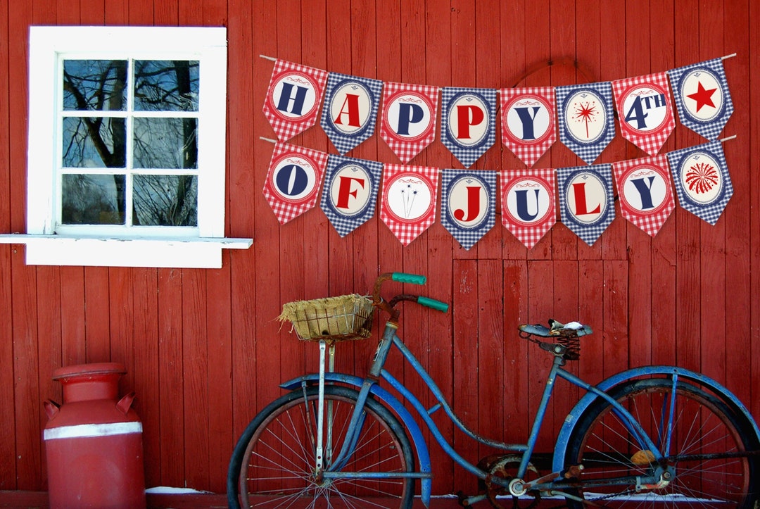 Red White And Blue Gingham Plaid Printable Party Pennant Banner Etsy