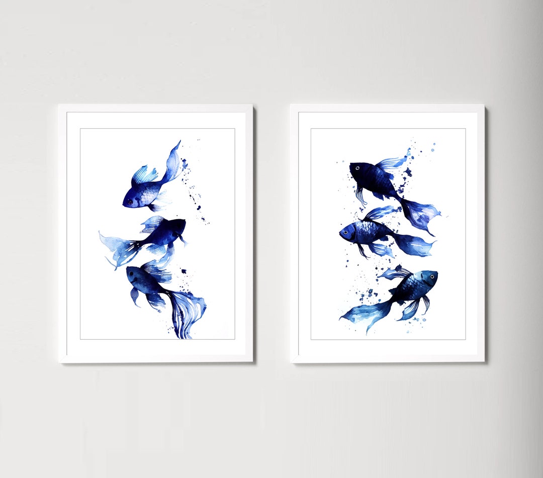 Blue Fish Wall Art Watercolor Painting Print Set of 2 Original Etsy