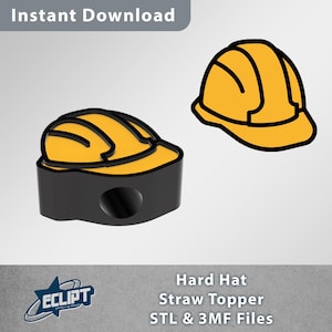 Op de afbeelding: Twee gele hardhat-ontwerpen met zwarte contouren. Eén is een stro-opzetstuk en de andere is een op zichzelf staande illustratie. De afbeelding bevat de tekst "Instant Download" en "Hard Hat Straw Topper STL & 3MF Files".
