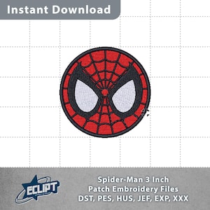 May include: Red and black 3-inch Spider-Man patch embroidery file.  The file is available in DST, PES, HUS, JEF, EXP, and XXX formats.