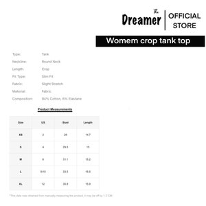 May include: A size chart for a crop tank top. The chart shows the size, US size, bust measurement in inches, and length measurement in inches. The sizes are XS, S, M, L, and XL.