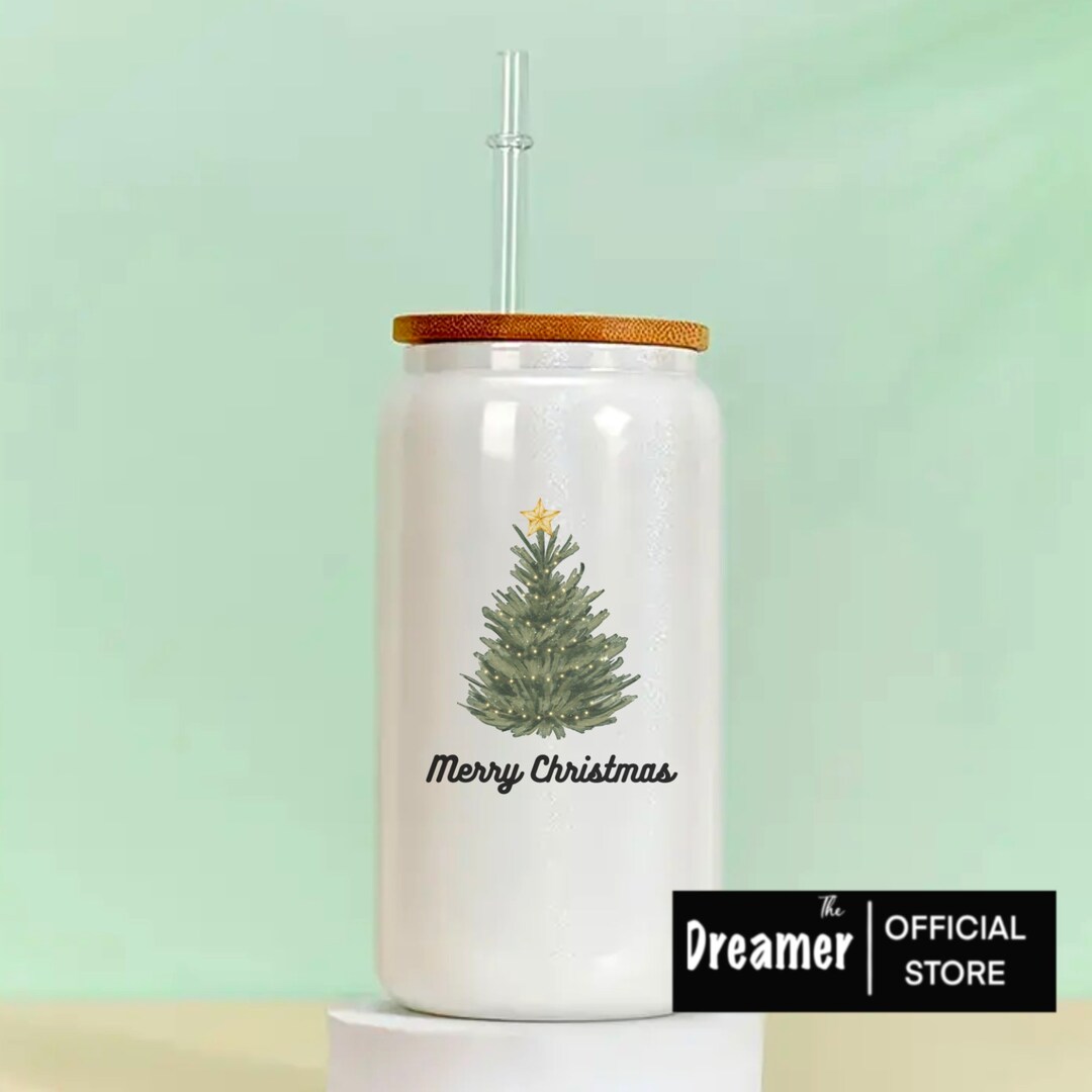 Christmas Tree Glass Jar Cup With Lid and Straw Bamboo Lid Etsy