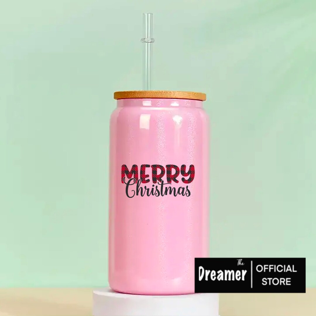 Merry Christmas Glass Cup Cup With Lid and Straw Bamboo Lid Etsy