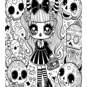 Cute and Creepy Kawaii Pastel Goth Coloring Pages for Adults, Features 25 Coloring Pages, Printable Coloring Pages