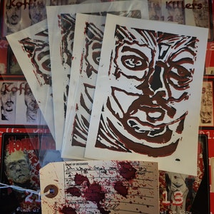 John Wayne Gacy block print series 3. On  5 x 7 printmaking paper. Comes with Toe Tag.