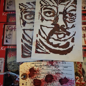 John Wayne Gacy block print series 2. On  5 x 7 printmaking paper. Comes with Toe Tag.