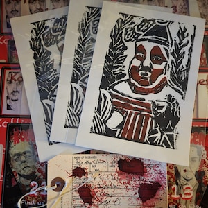 Pogo the Clown painting  block print series 2. On  5 x 7 printmaking paper. Comes with Toe Tag.