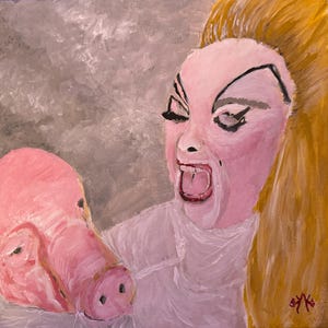 Divine eats pig from Pink Flamingos 10 x 10” Original acrylic painting