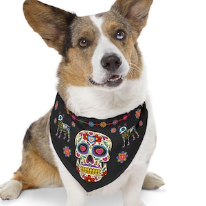 Day of the Dead Pet Bandana Collar, Dia de Muertos Dog Bandana, Skull Skeleton Pet Bandana, Halloween Dog Skeleton Day of the Dead Bandana