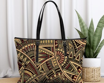 Art Deco Print Vegan Leather Tote Purse, Art Deco Print Man Made Leather Zip Tote Bag, Art Deco Print Shoulder Tote Bag, Neutral Print Bag