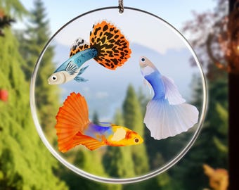 Guppy Fish Family Glass Coaster – Tropical Aquarium Decor With Fry