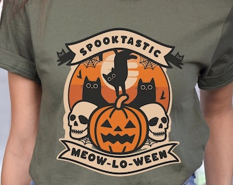 Halloween Tee Shirt, Cute Cat Halloween Shirt, Cat Lover Halloween Shirt, Black Cat Pumpkin Skull T-Shirt, Cat Mom Halloween Crew Neck Shirt