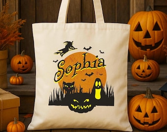Personalized Halloween Trick or Treat Bag, Custom Halloween Tote Bag, Spooky Halloween Canvas Tote for Kids