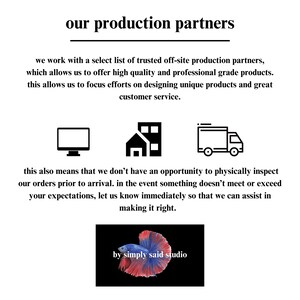 May include: Black and white icons of a computer monitor, a building, and a delivery truck. Text reads "our production partners" and "by simply said studio".
