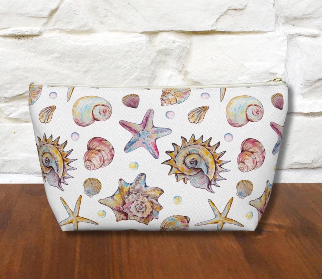 Sea Shell Cosmetic Bag, Shell Print Accessory Bag, Beach Bag Accessory ...