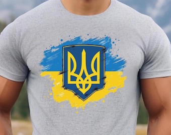 Stand With Ukraine Unisex Tee Shirt, Ukraine Flag and Tryzub Tee, Blue and Yellow Ukraine Trident Graphic Tee, Ukraine Tryzub Symbol Shirt