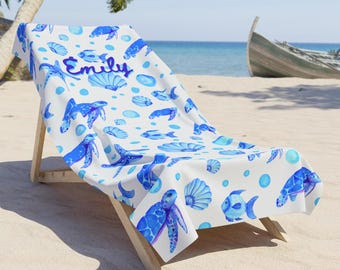 Customized Sea Shell Tortoise Beach Towel, Beach Lovers Gift, Ocean Print Beach Towel, Personalized Beach Towel, Coastal Seashore Lover Gift