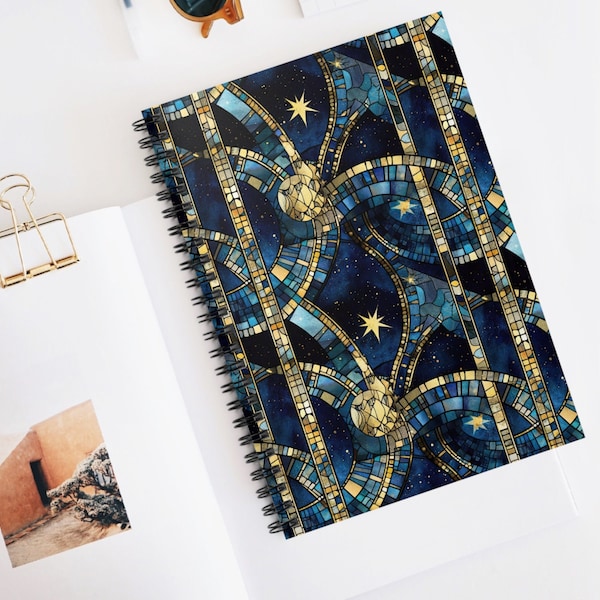 Celestial Moon Stars Spiral Lined Notebook, Moon Stars Stained Glass Journal Gift, Stained Glass Lover Gift, Dream Notebook, Co-Worker Gift