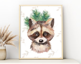 PRINTABLE Watercolor Woodland Raccoon Nursery Wall Art - Instant Download