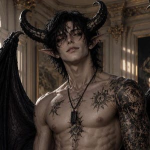 Può includere: Una figura a torso nudo con capelli scuri e spettinati, orecchie a punta e grandi corna nere ricurve. La figura presenta estesi tatuaggi con inchiostro nero sul petto e sul braccio sinistro, e indossa un ciondolo rettangolare scuro su un cordino sottile.