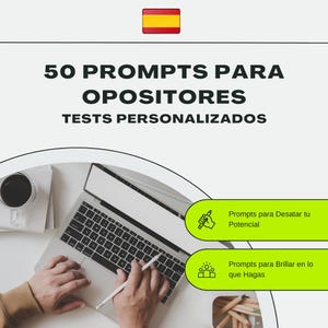 Puede incluir: Imagen de un portátil con el texto "50 PROMPTS PARA OPOSITORES TESTS PERSONALIZADOS". Una mano sostiene un lápiz óptico sobre el portátil. También se ve una taza de café y lápices.