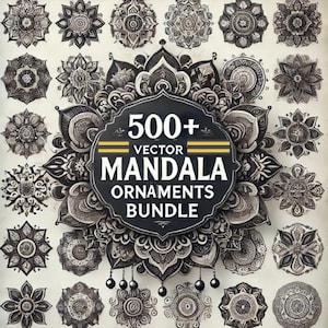 Puede incluir: Una colección de más de 500 ornamentos de mandalas vectoriales en blanco y negro. Los mandalas son intrincados y detallados, con una variedad de patrones y diseños. El texto "500+ Vector Mandala Ornaments Bundle" se muestra en el centro de la imagen.