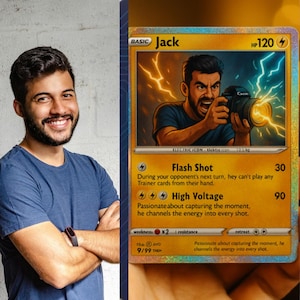 Tarjeta Coleccionable Digital Personalizada – Estilo Retro Holográfico con Tu Foto y Poderes