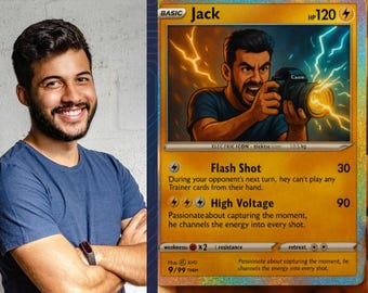 Custom Digital Trading Card – Retro Holographic Style with Your Photo and Powers