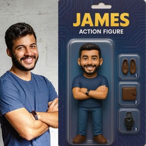 Può includere: Una confezione di action figure blu e gialla con il nome "JAMES ACTION FIGURE" stampato in alto. La action figure è una versione cartoon di una persona con capelli castani, una camicia blu, jeans blu e scarpe marroni. La confezione include tre accessori: scarpe marroni, un portafoglio marrone e uno smartwatch nero.