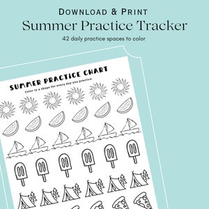 May include: A black and white printable summer practice chart with 42 spaces to color in. The chart features various summer-themed images such as suns, watermelons, sailboats, popsicles, tents, and pizza slices. The text "SUMMER PRACTICE CHART" and "Color in a shape for every day you practice" is at the top of the chart.