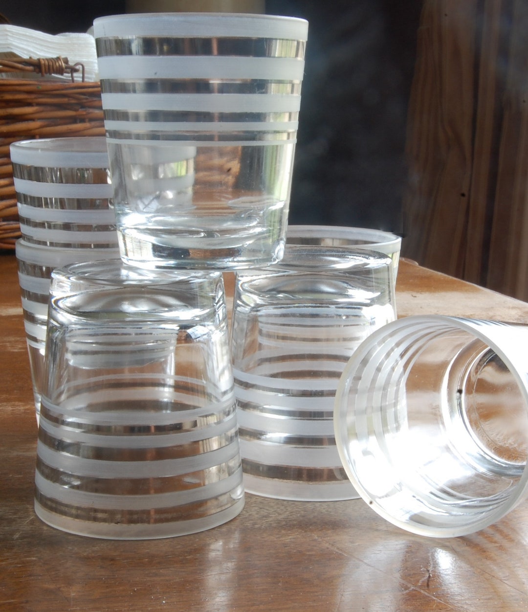Vintage Rocks Glasses With Silver and Fosted Rims Set of 7 Double Old ...