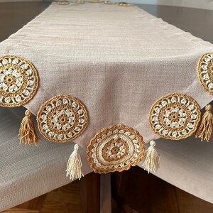 Handmade Linen Table Runner with Crochet Lace & Fringe (60x18 inches)